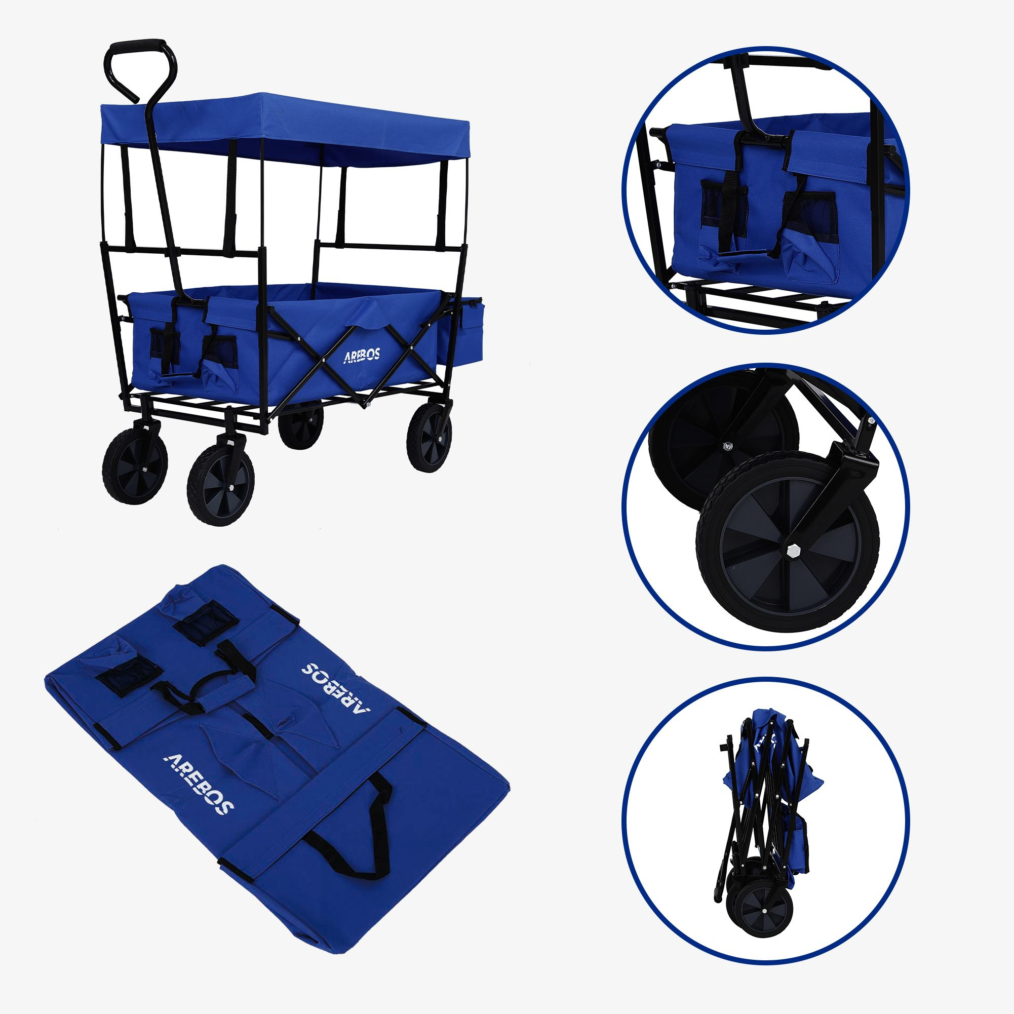 Ein blauer Wagen mit Verdeck, gefaltet und mit Details der Räder und Taschen gezeigt.