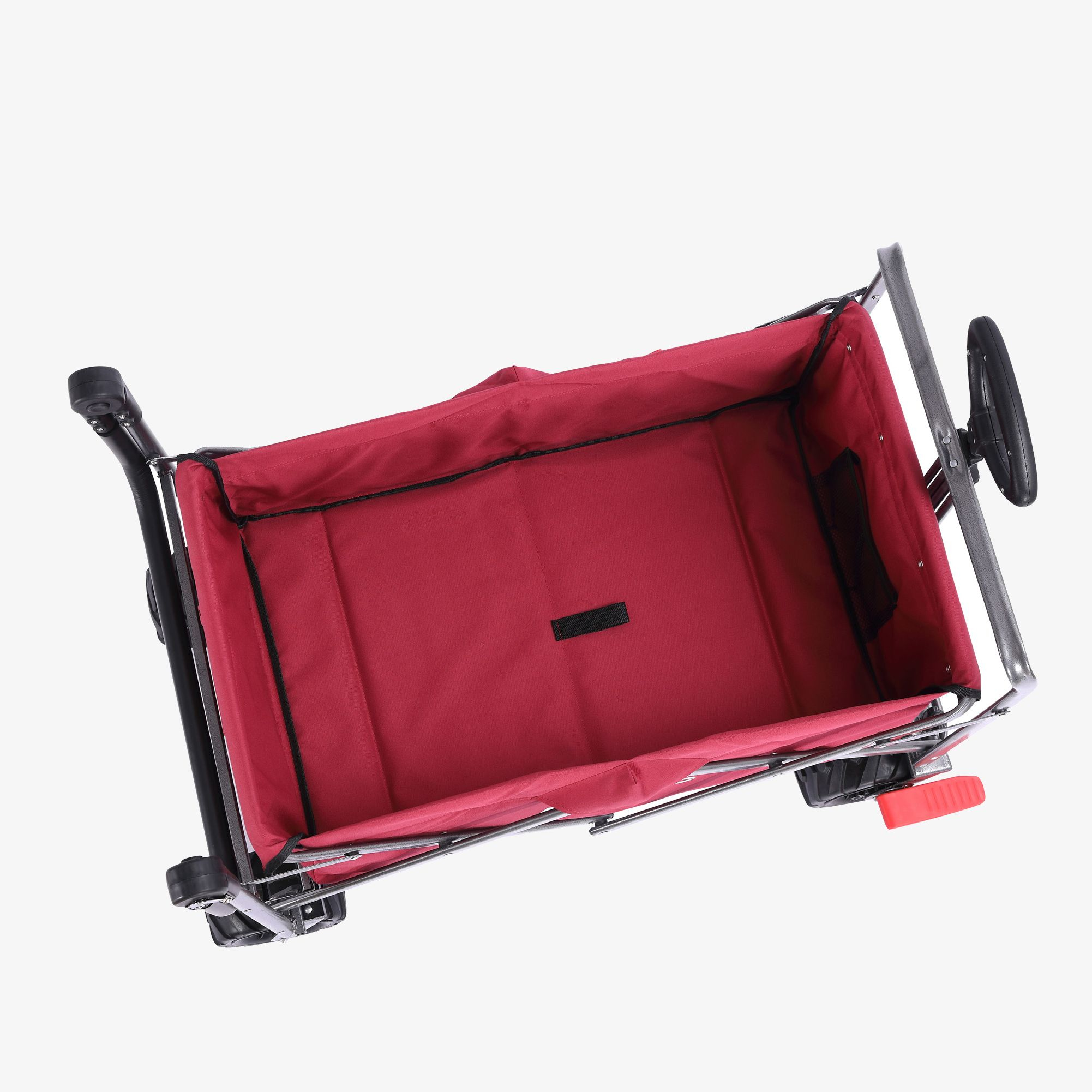 Ein roter und silberner Servicewagen, von oben gesehen. Er hat vier Räder und einen roten Innenraum.