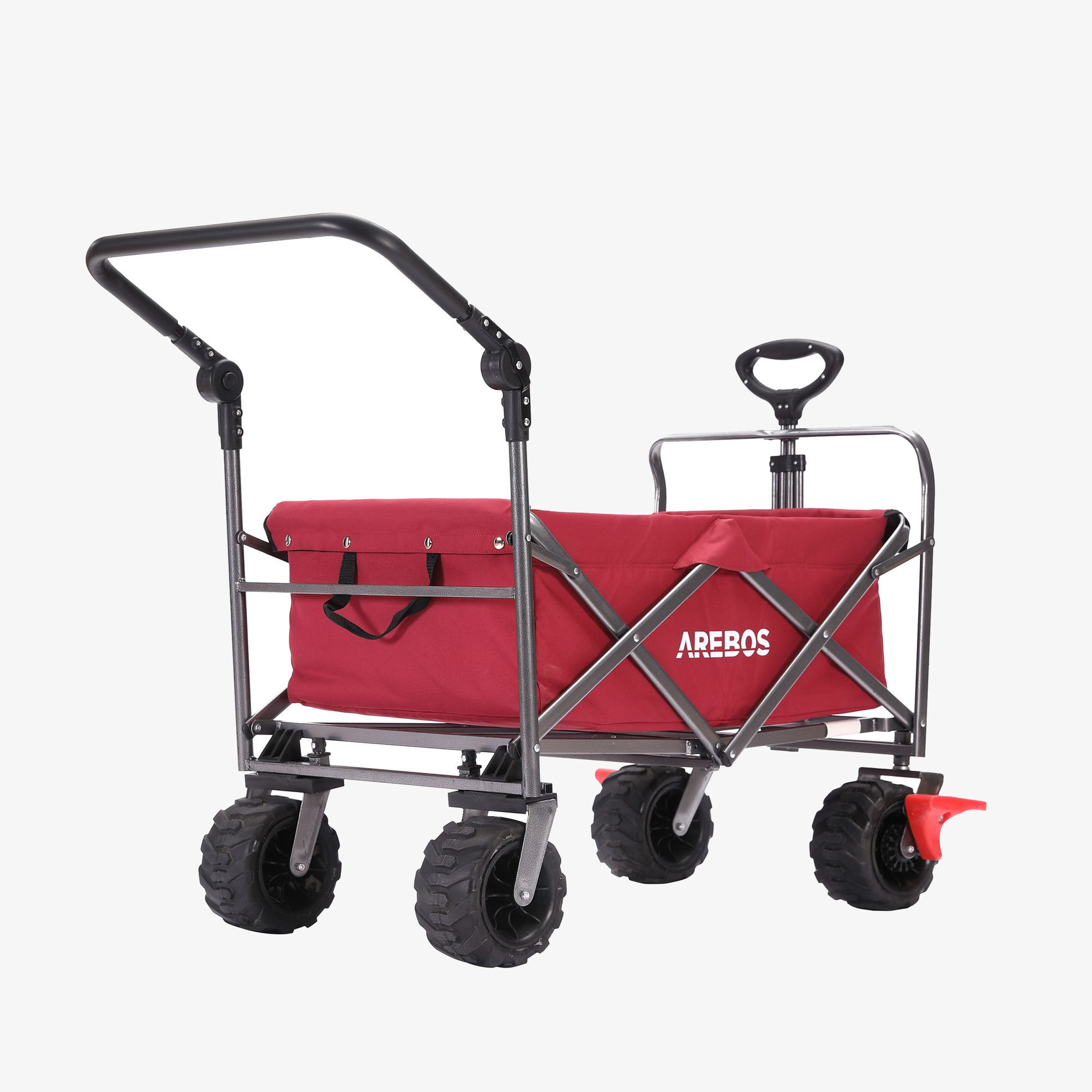 Roter und silberner Transportwagen mit schwarzen Rädern und Griff.