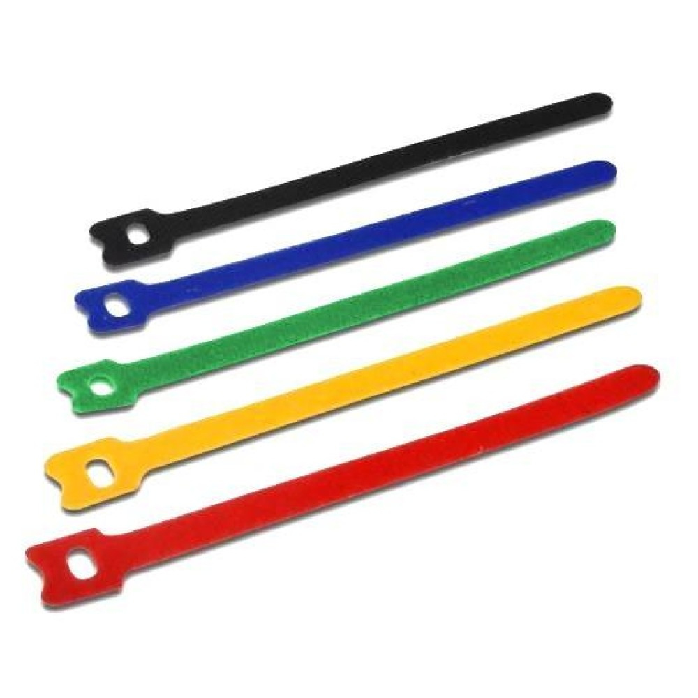 Fünf farbige Kabelbinder in einer Reihe: rot, gelb, grün, blau und schwarz.