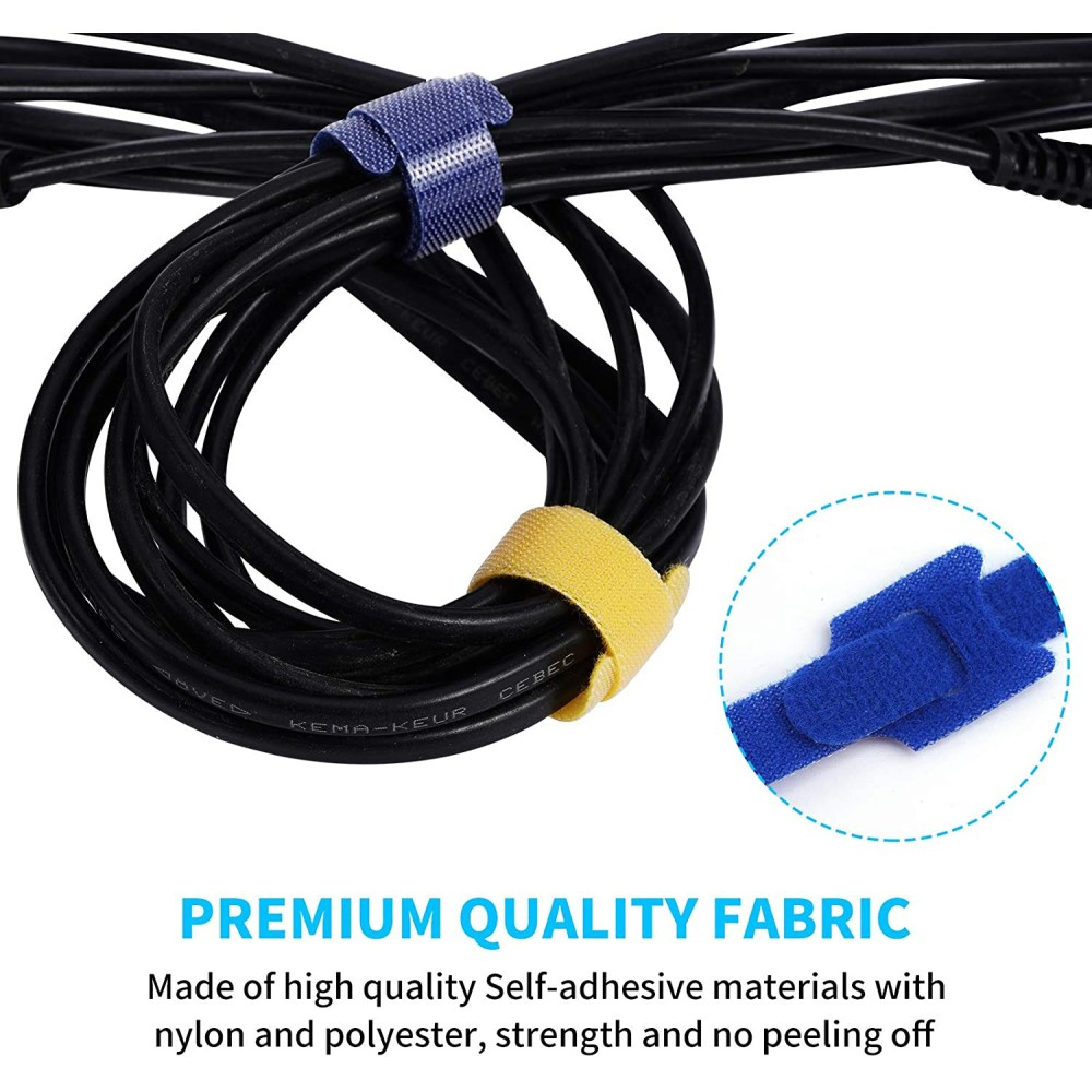 Schwarze Kabel, gesichert durch blaue und gelbe Kabelbinder. Text: Premium Quality Fabric.