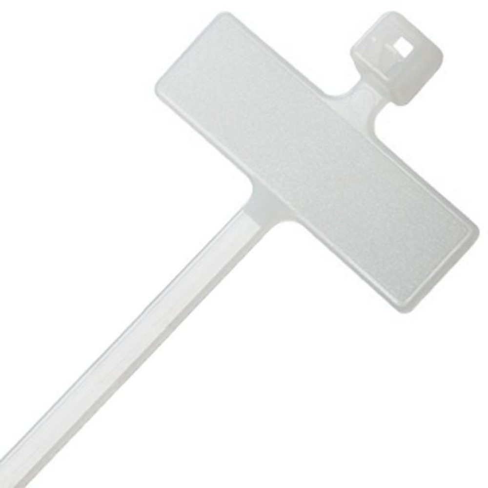 Weißer Kabelbinder mit rechteckiger Markierungsfläche.