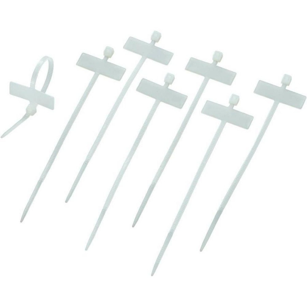 Weiße Kabelbinder mit Markierungsflächen, auf weißer Oberfläche angeordnet.