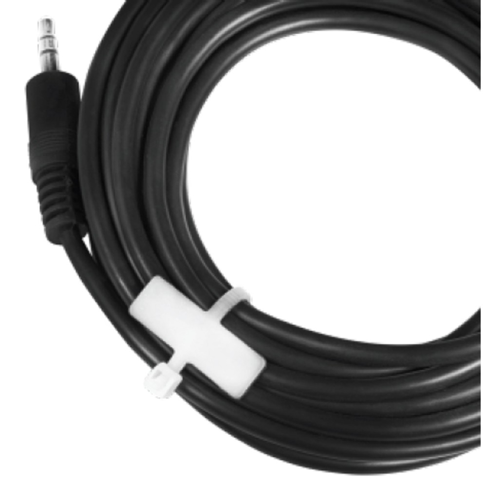 Schwarzes Kabel mit einem weißen Kabelbinder, der es hält.