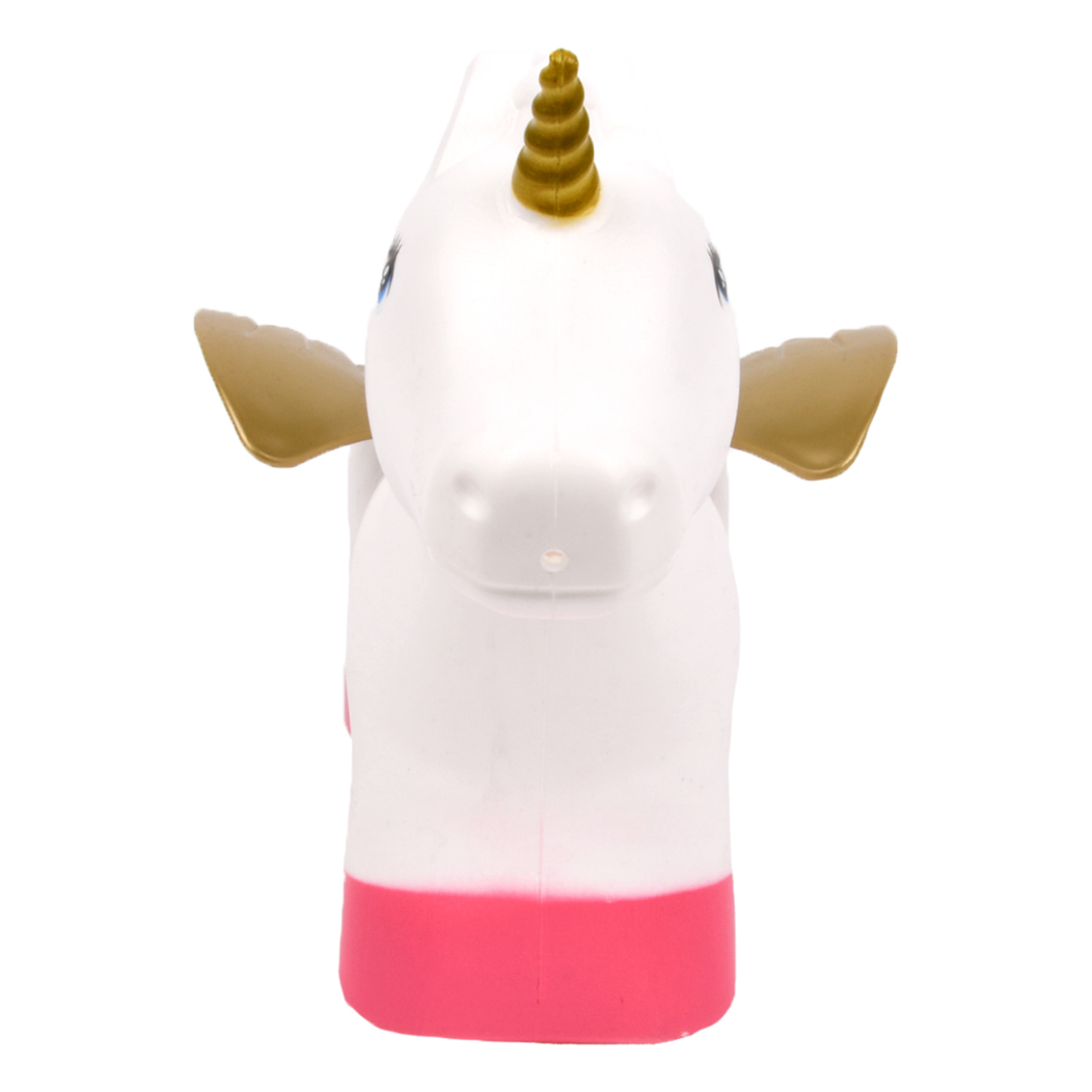 Ein weißer Einhornkopf mit goldenem Horn, Ohren und rosa Unterseite.