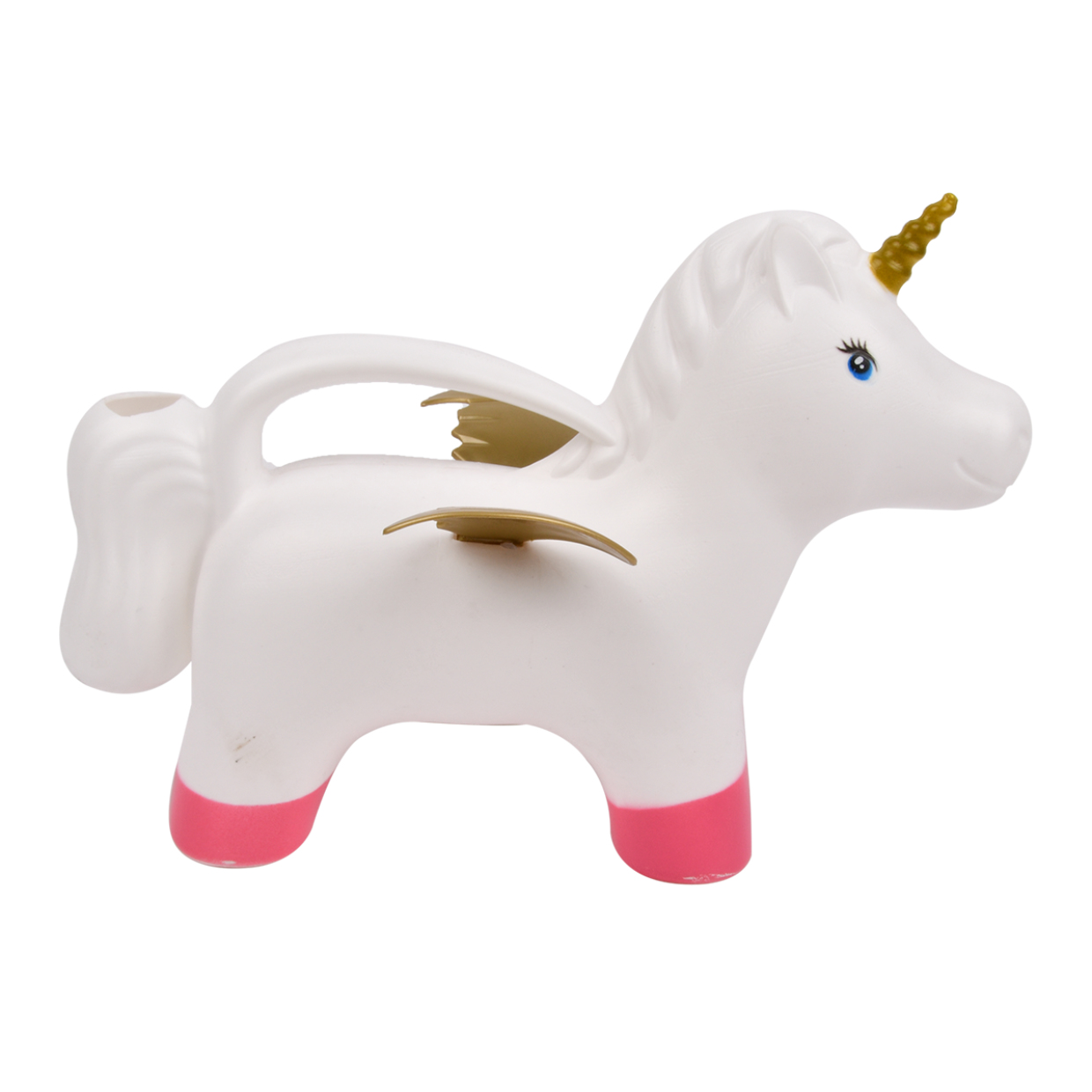 Weiße Einhorn-Gießkanne mit goldenem Horn, Flügeln und rosa Hufen.