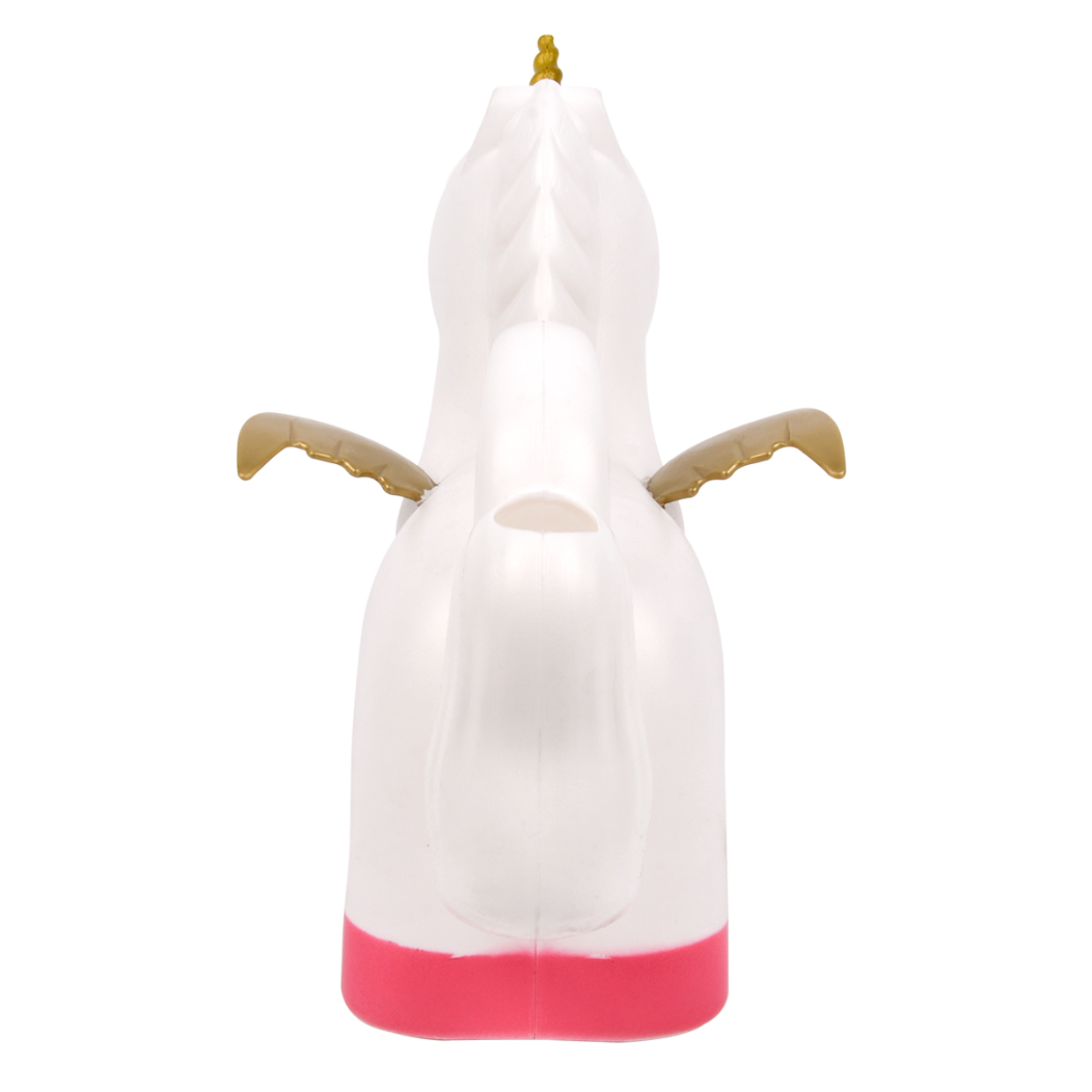 Weißes Einhorn-Spielzeug mit goldenem Horn, Flügeln und rosa Hufen, Rückansicht.