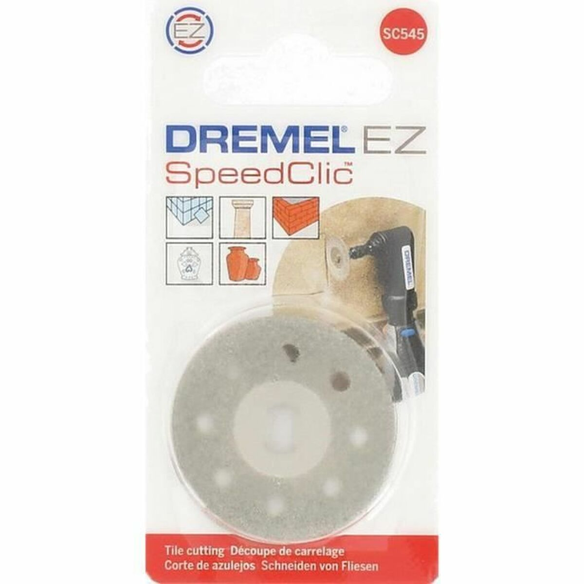 Dremel EZ SpeedClic doorslijpschijf in blisterverpakking met illustraties en tekst.