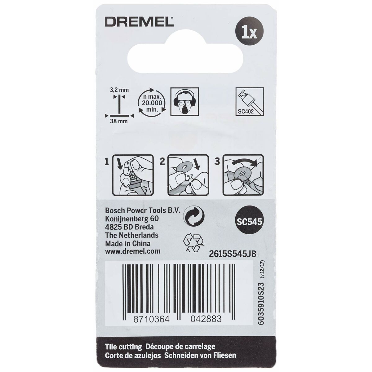 Achterkant van de Dremel EZ SpeedClic doorslijpschijf verpakking. Instructies en informatie zijn gedrukt.