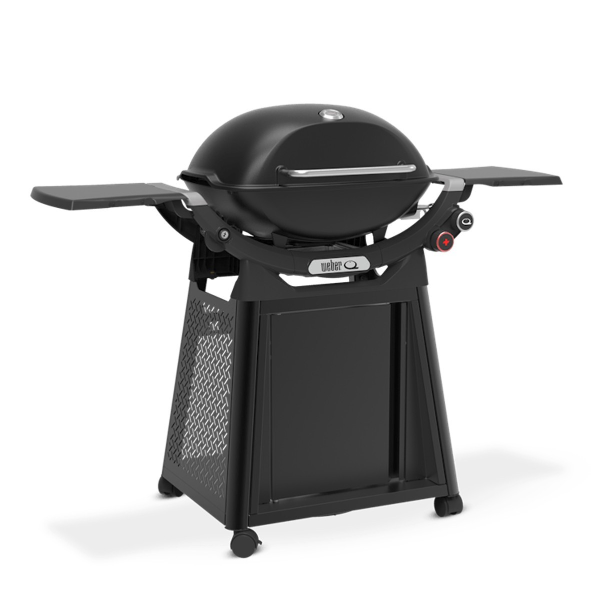 Una parrilla de gas Weber negra sobre un soporte con mesas laterales, vista desde un ángulo frontal.