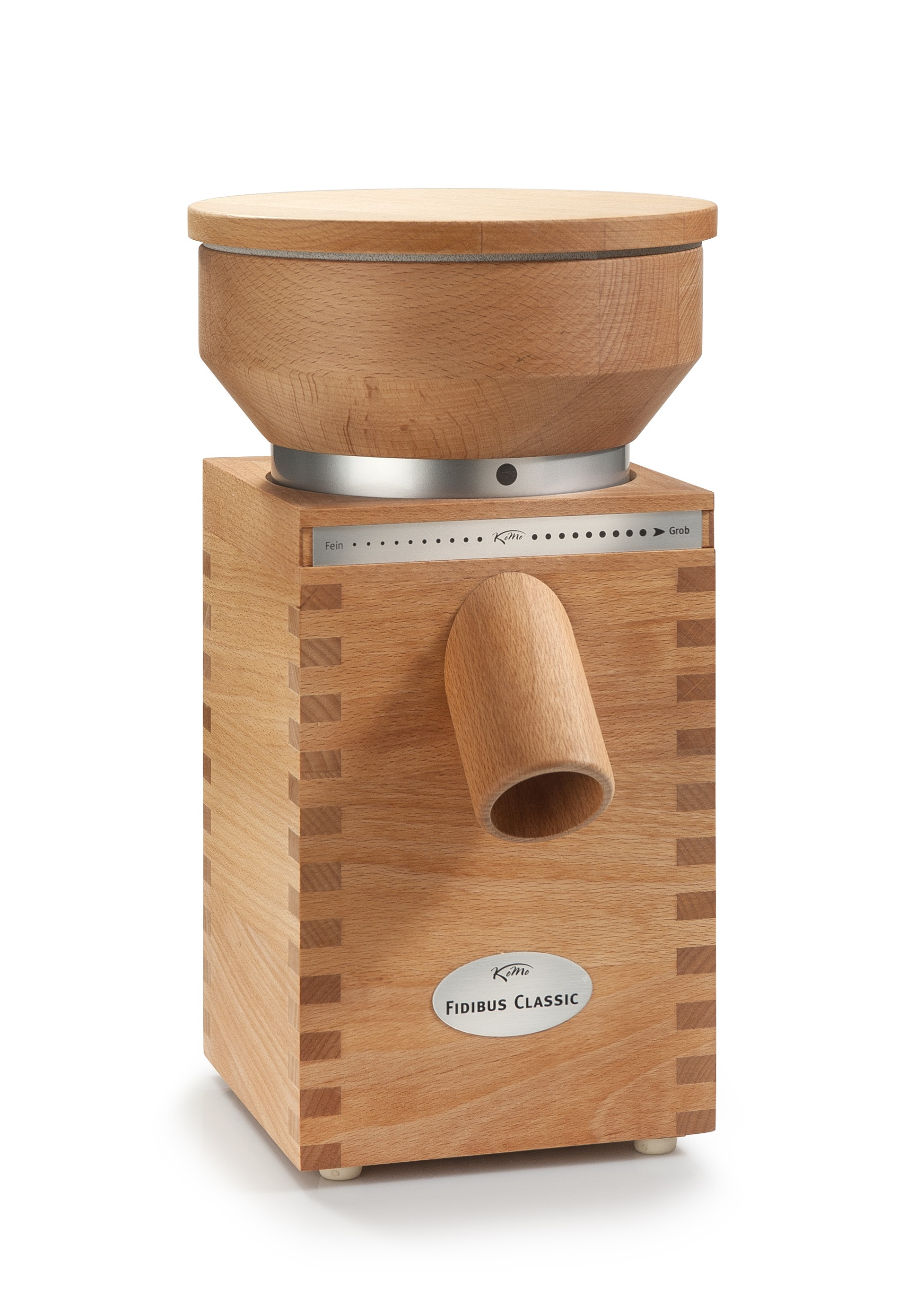Holz-Getreidemühle mit Trichter und Ausguss. Sie hat ein silbernes Einstellrad.