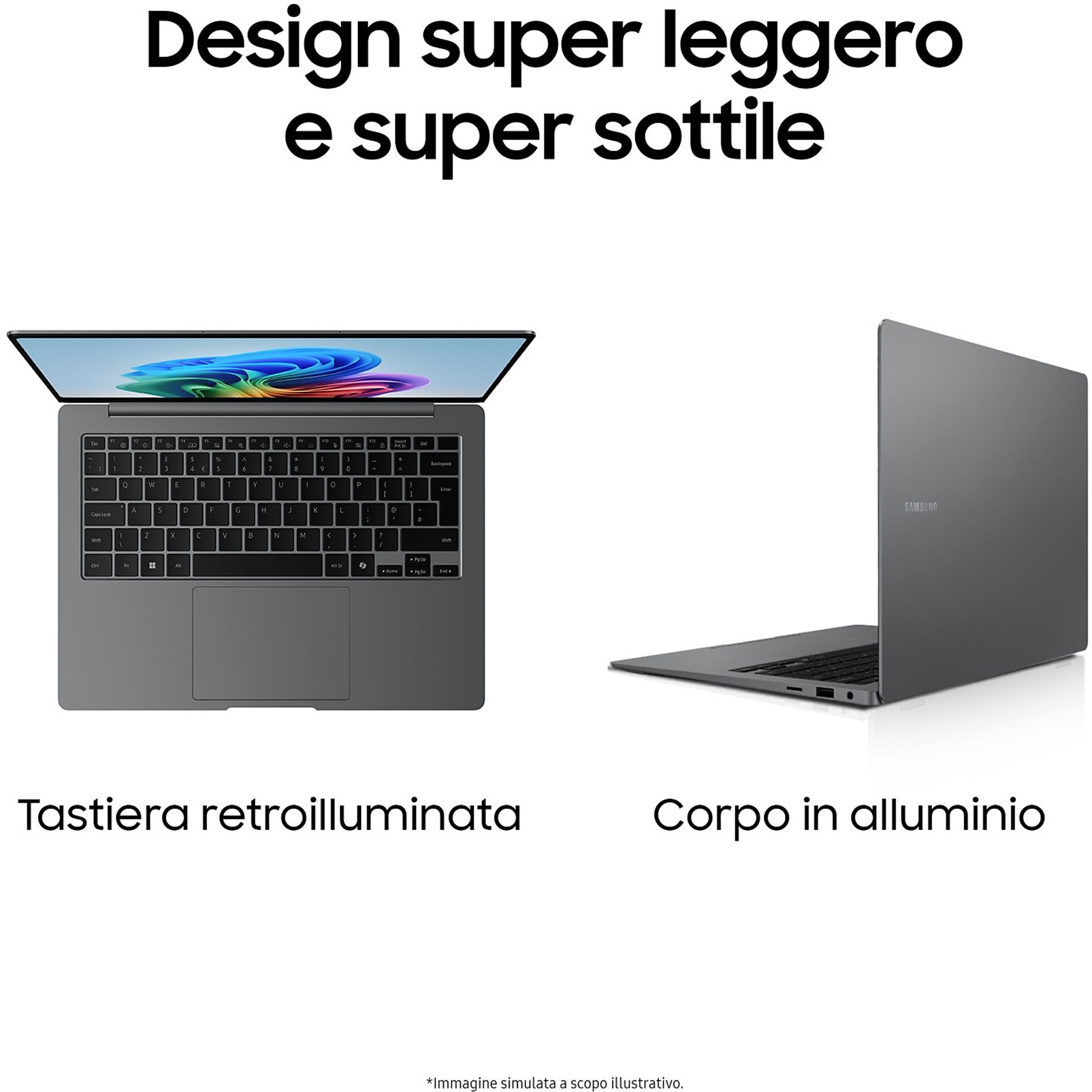 Un laptop in vista frontale e laterale, con la tastiera illuminata e il corpo grigio.
