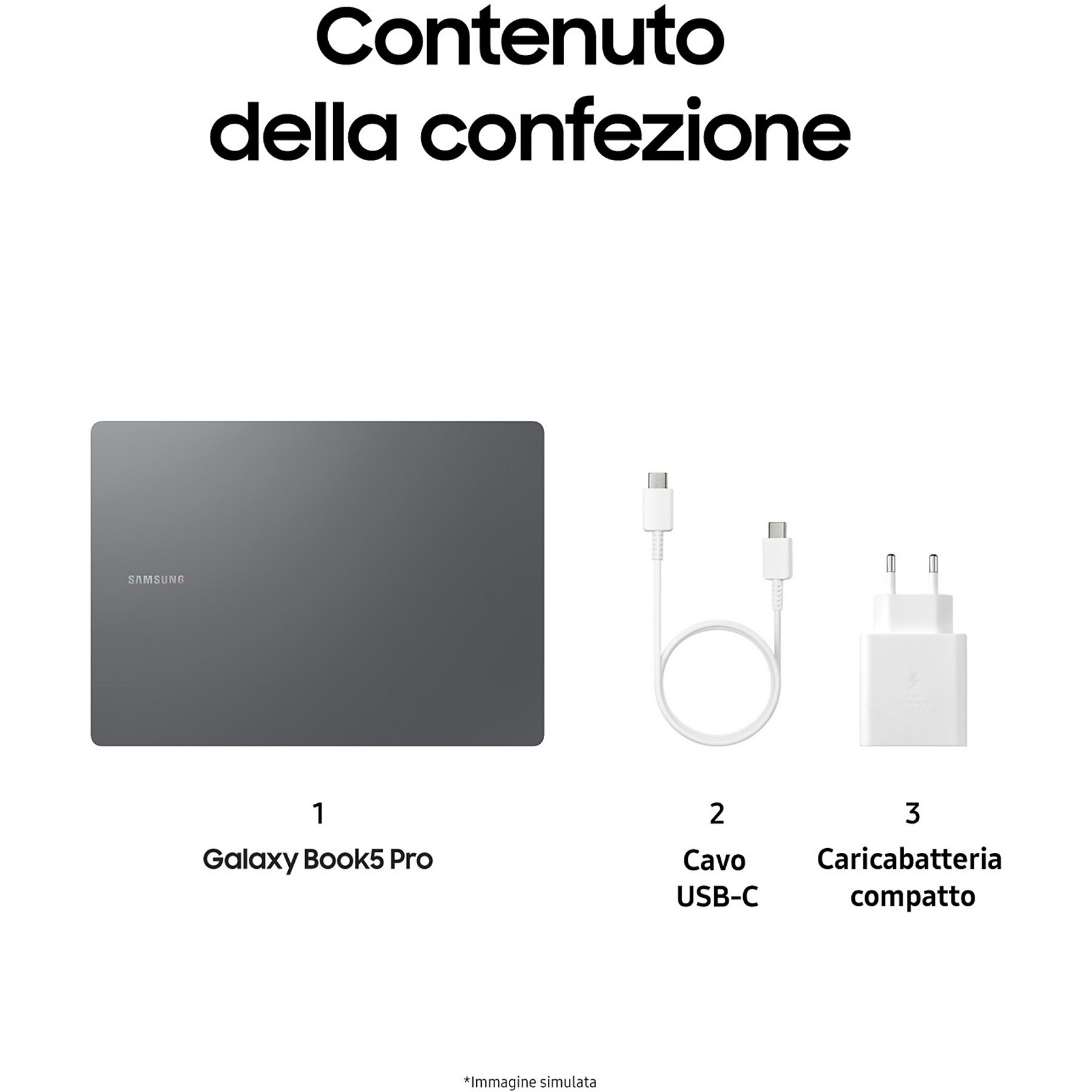 Un laptop, un caricabatterie e un cavo sono esposti con il testo 'Contenuto della confezione'.