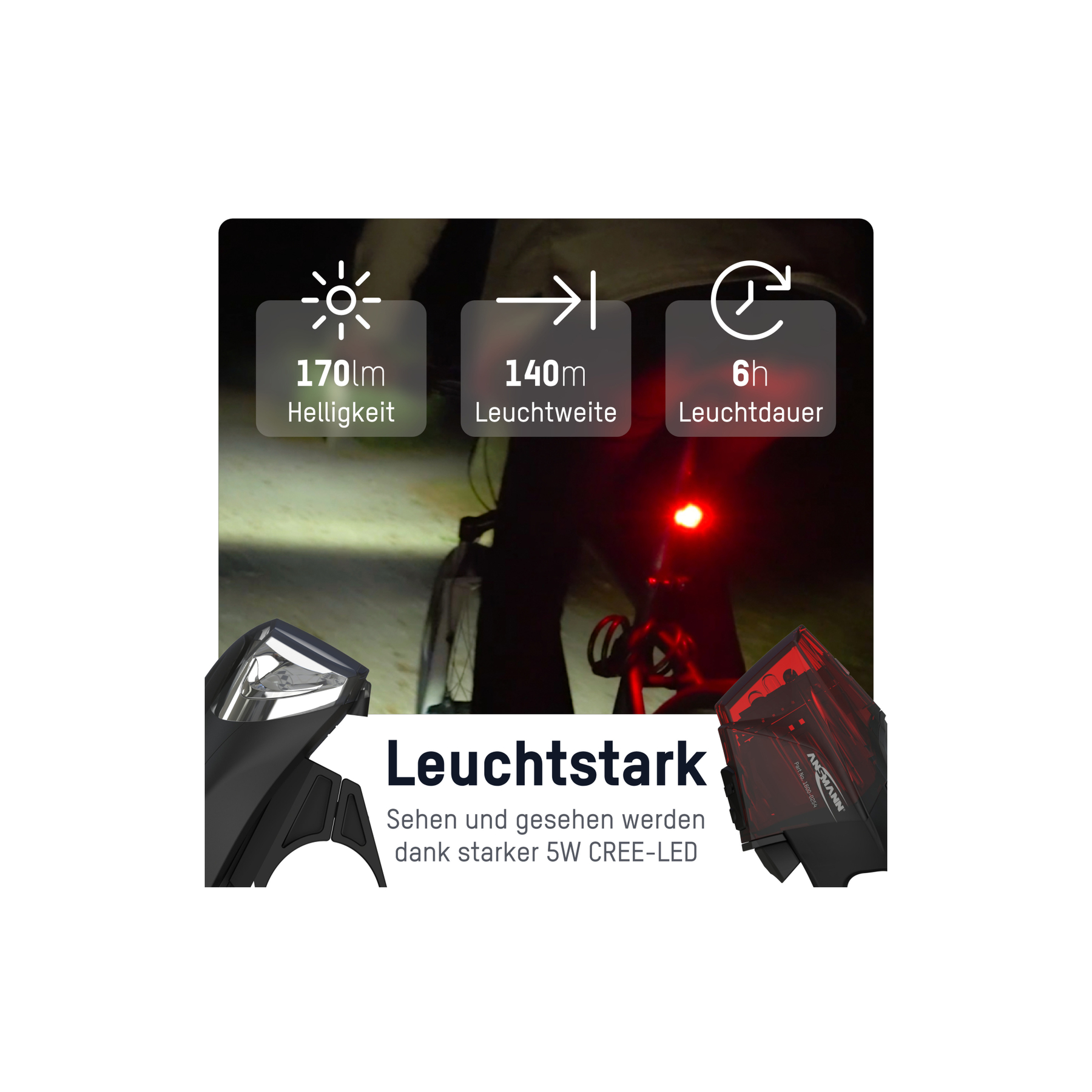 Światła rowerowe pokazujące jasność i zasięg. Jedno jest białe, drugie czerwone. Tekst po niemiecku.