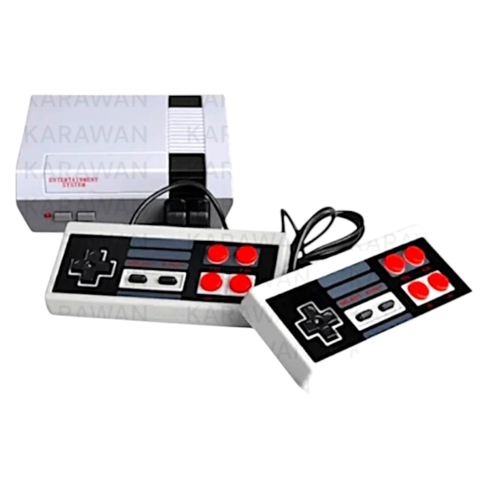 Consola de juegos retro y dos controladores. Fondo blanco.