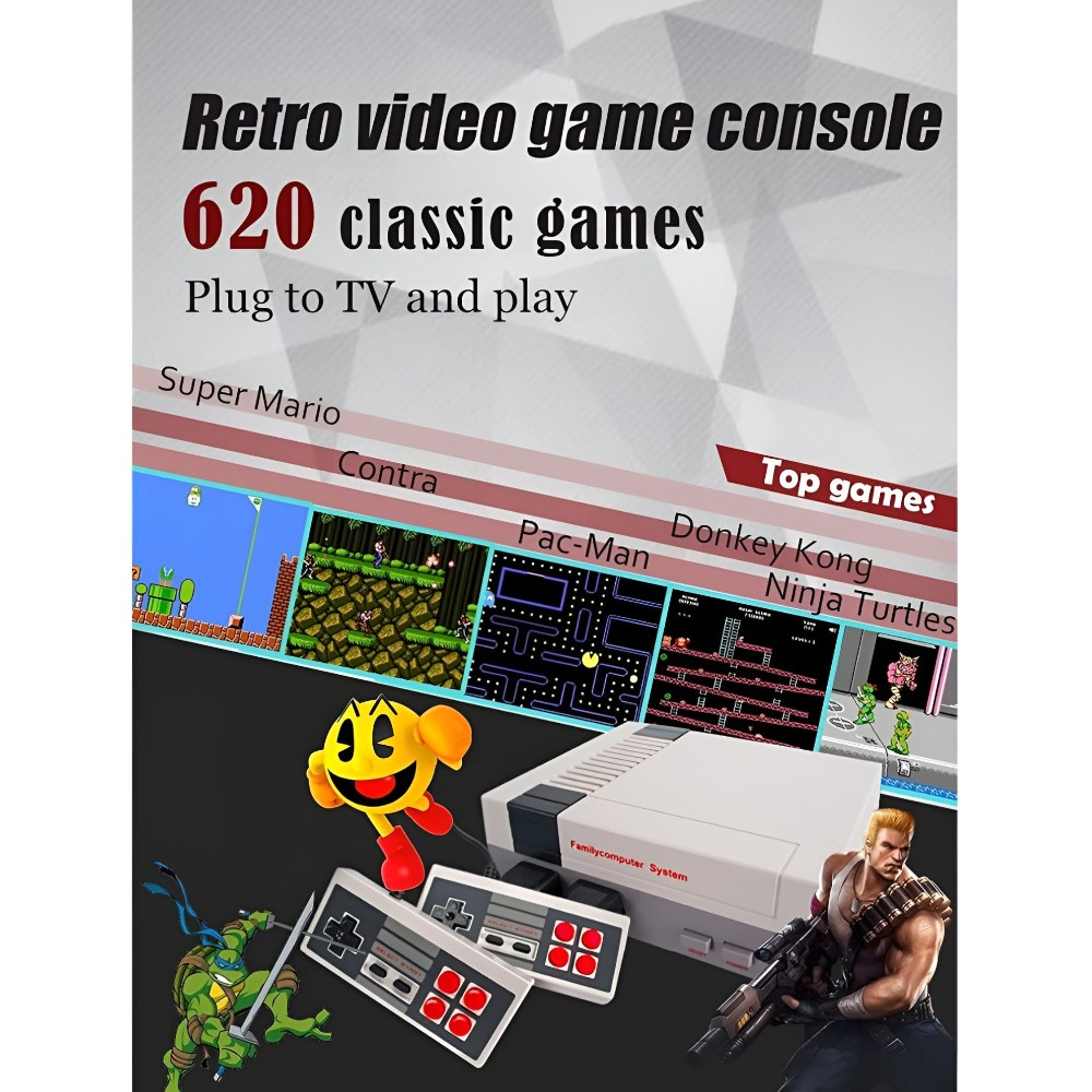 Una consola de videojuegos retro con mandos y varias capturas de pantalla de juegos que se muestran en la pantalla.