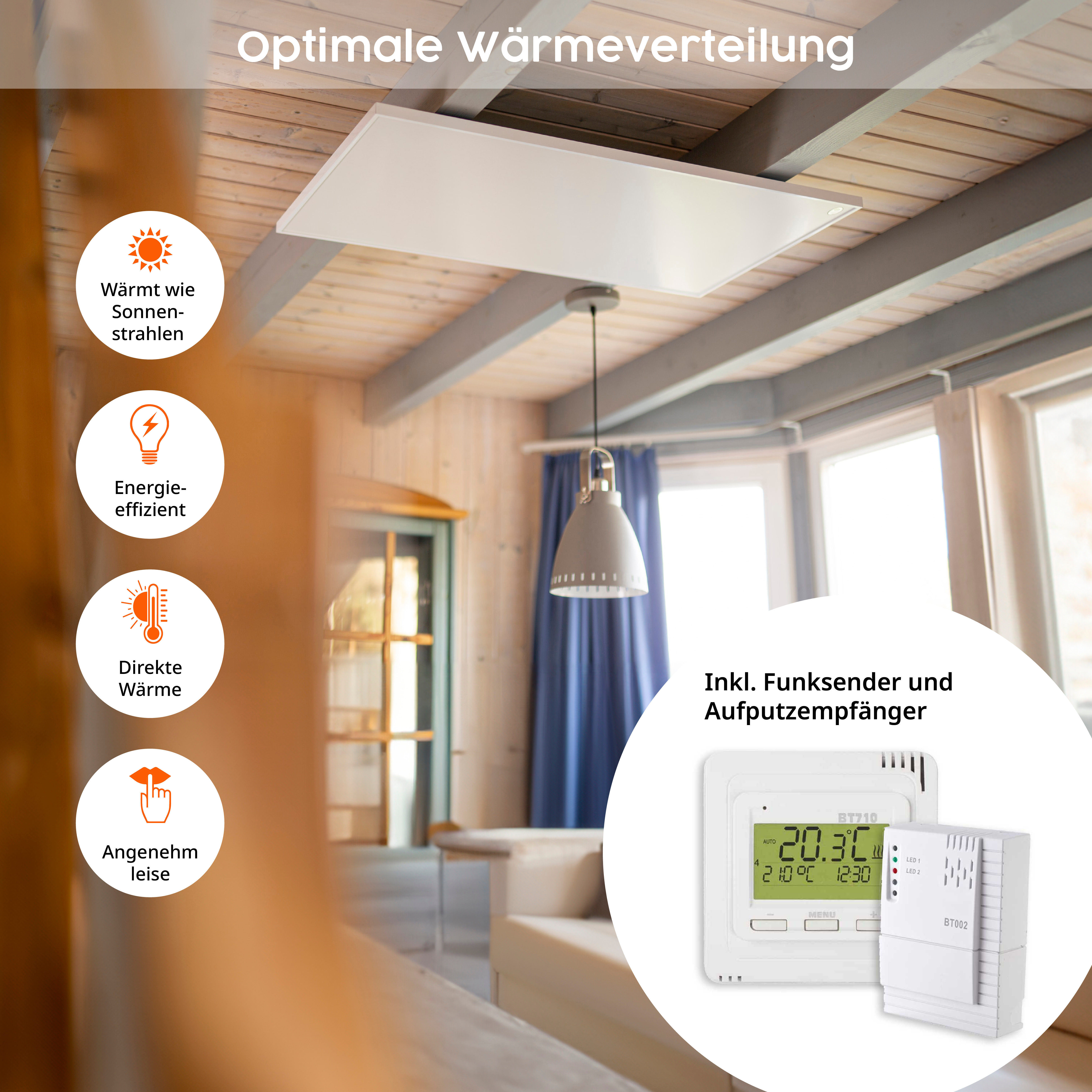 Ein Deckenheizgerät mit Bedienfeld und Symbolen, die Vorteile in einem Wohnzimmer zeigen.