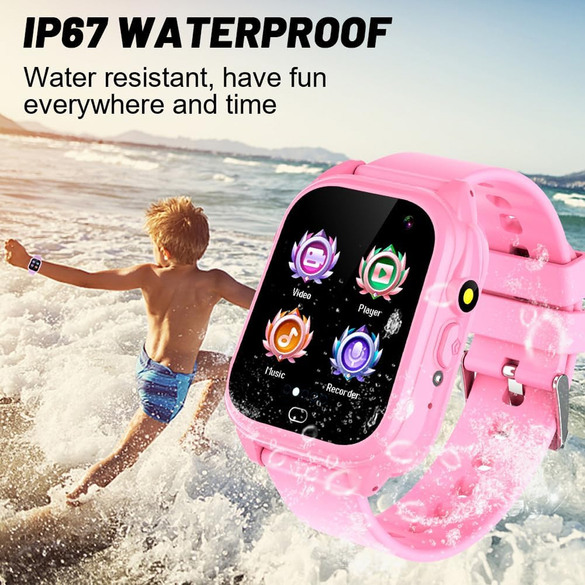 Eine pinke Kinder-Smartwatch mit Symbolen auf dem Bildschirm.