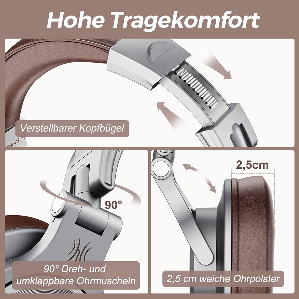 Diagramm von Kopfhörern, das verstellbares Kopfband und Ohrmuschelbewegung zeigt.