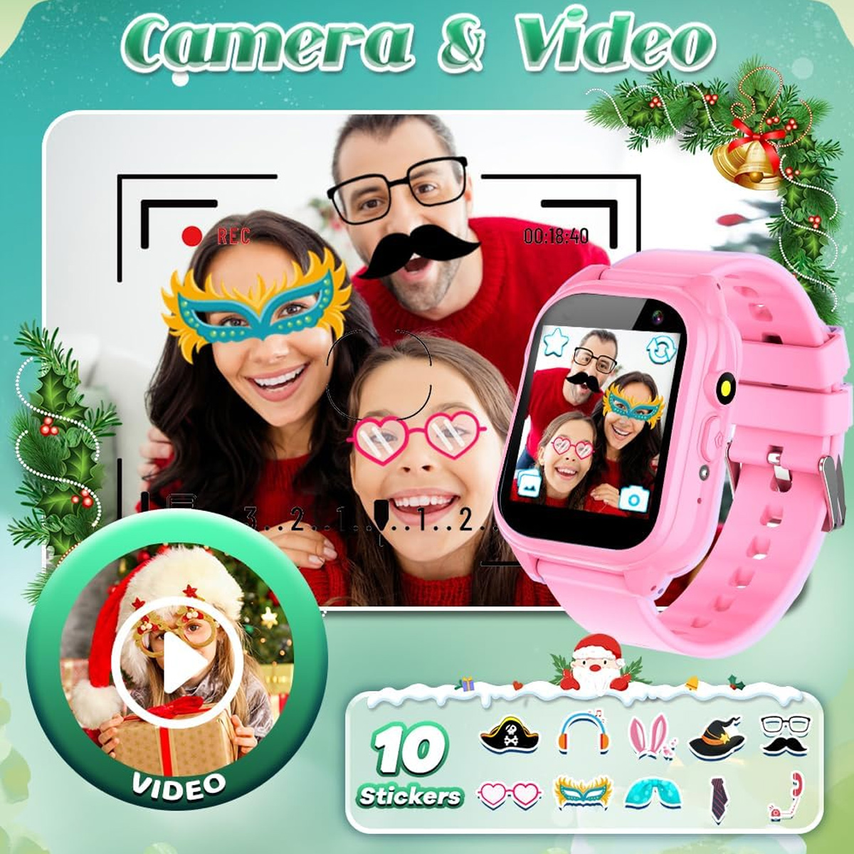 Eine rosa Kinder-Smartwatch mit Videowiedergabe und verschiedenen Stickern.