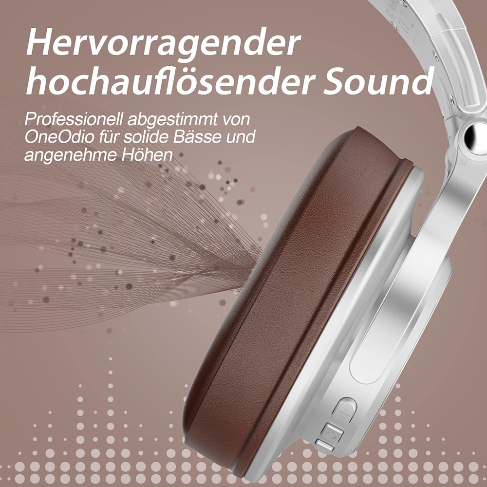 Nahaufnahme von silbernen Kopfhörern mit braunen Ohrmuscheln. Text: 'Hervorragender hochauflösender Sound'.