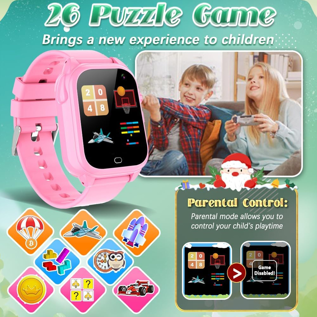 Pinke Smartwatch mit Spielsymbolen und zwei Kindern, die im Hintergrund Spiele spielen.