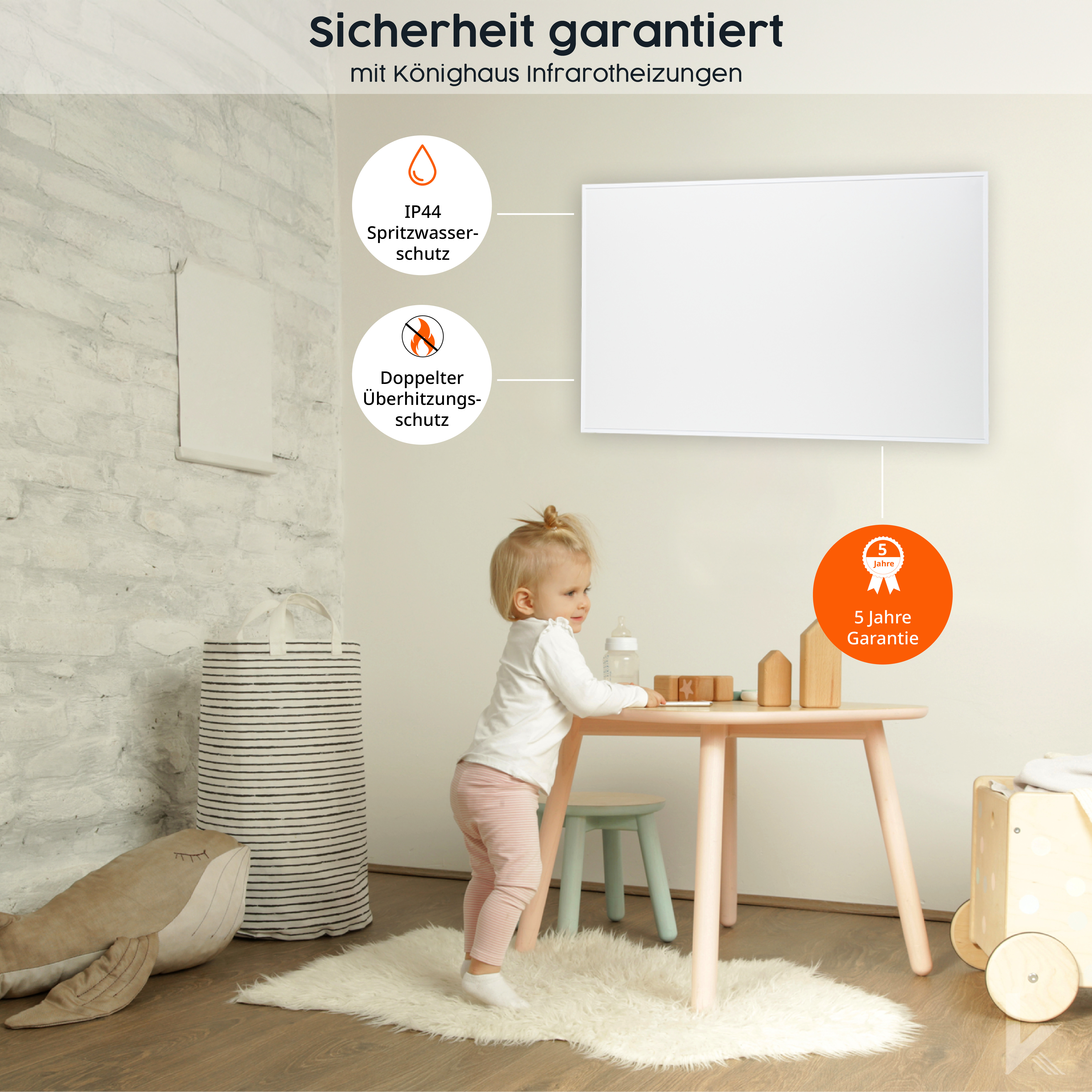 Ein Baby und ein Tisch mit Spielzeug und ein Heizgerät mit Sicherheitsinformationen im Hintergrund.