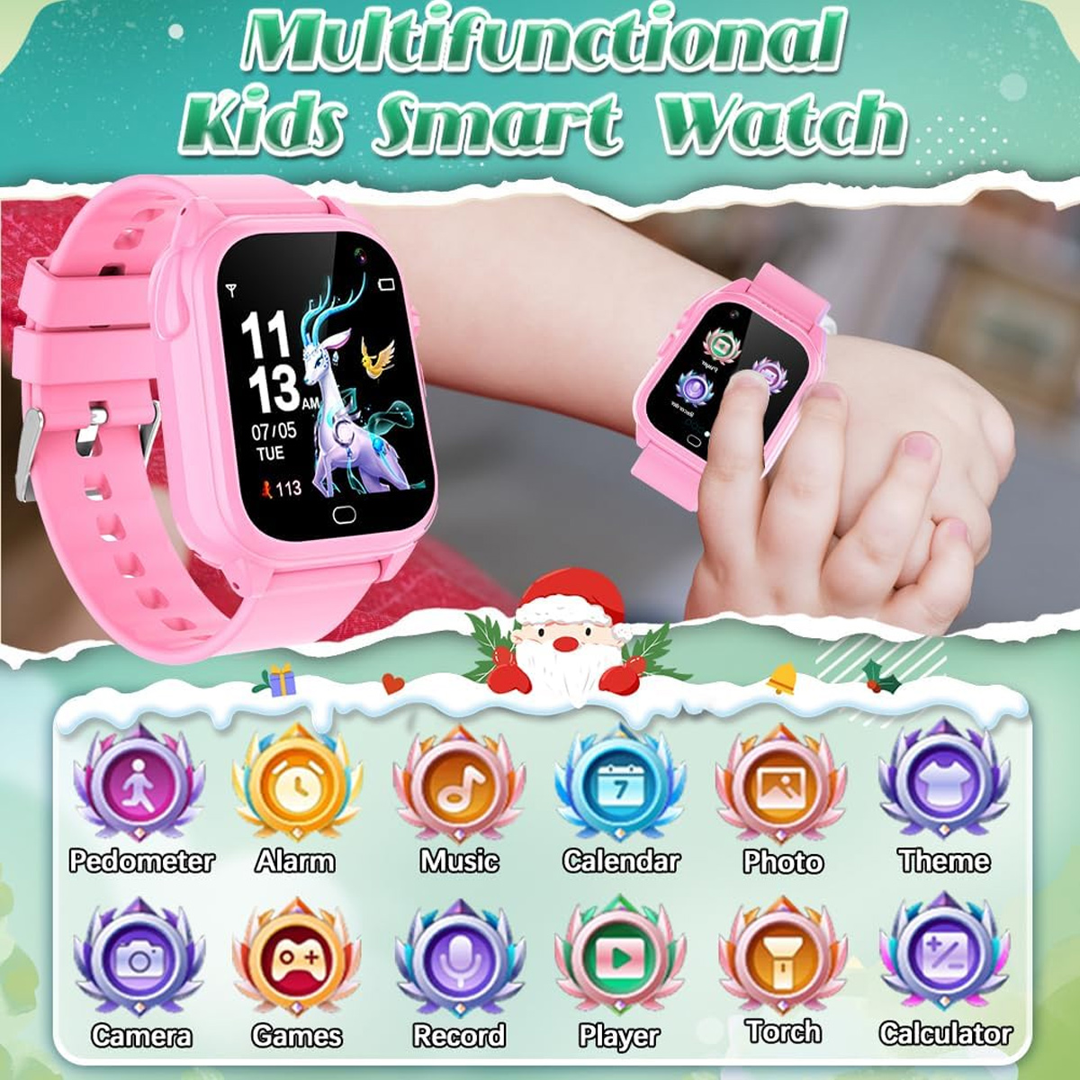 Rosa Kinder-Smartwatch mit Symbolen und eine am Handgelenk.