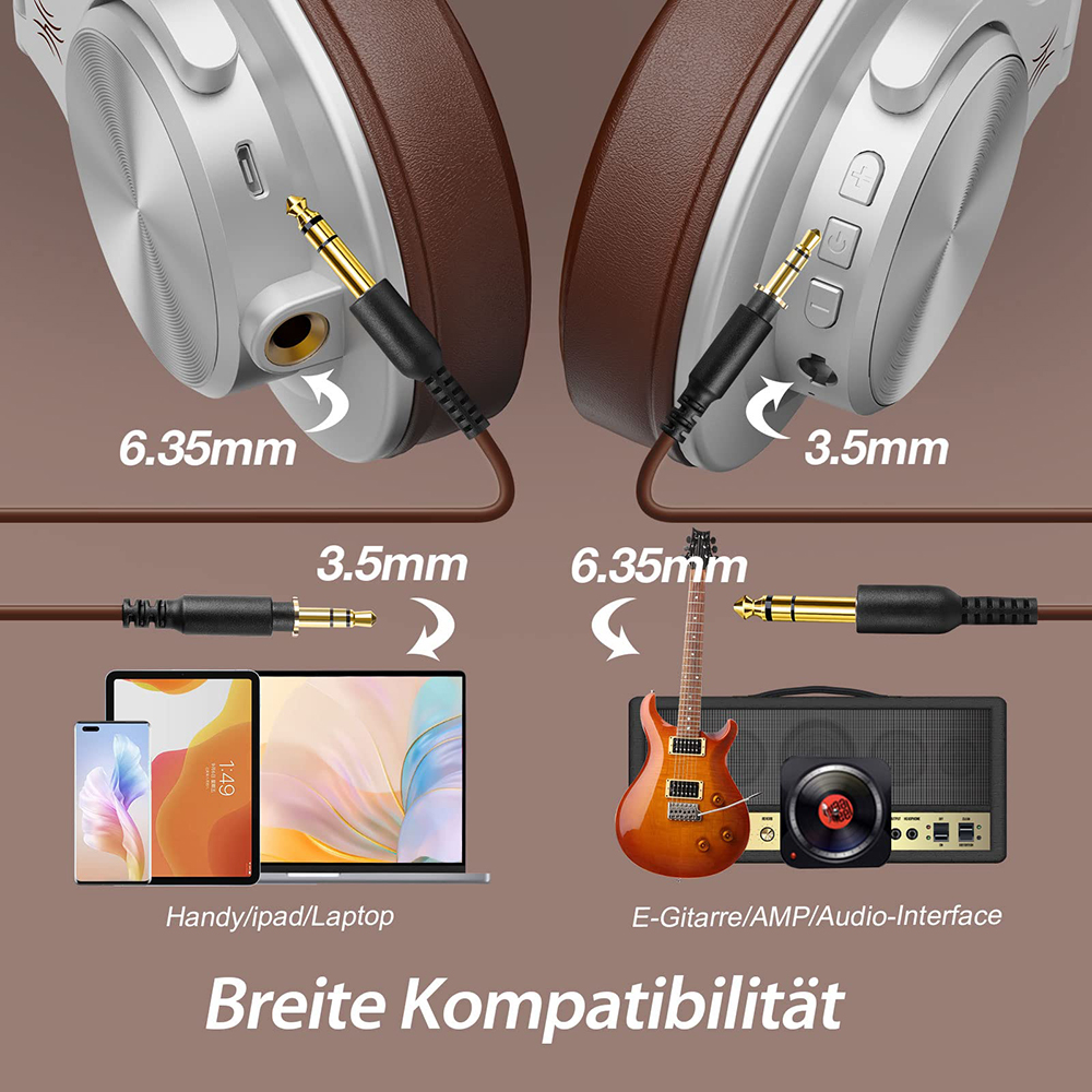 Kopfhörer mit zwei verschiedenen Audioeingängen: 3,5 mm und 6,35 mm, mit Beispielgeräten.