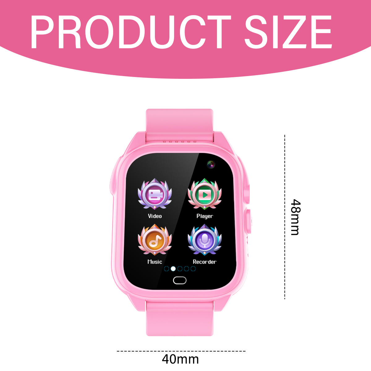 Rosa Smartwatch mit vier App-Symbolen auf dem Bildschirm. Produktgröße 40mm x 48mm.