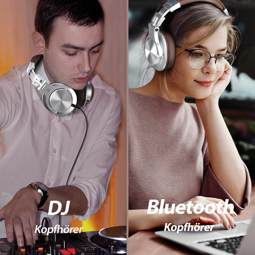 Zwei Personen mit Kopfhörern, eine ist ein DJ. Text sagt DJ und Bluetooth Kopfhörer.
