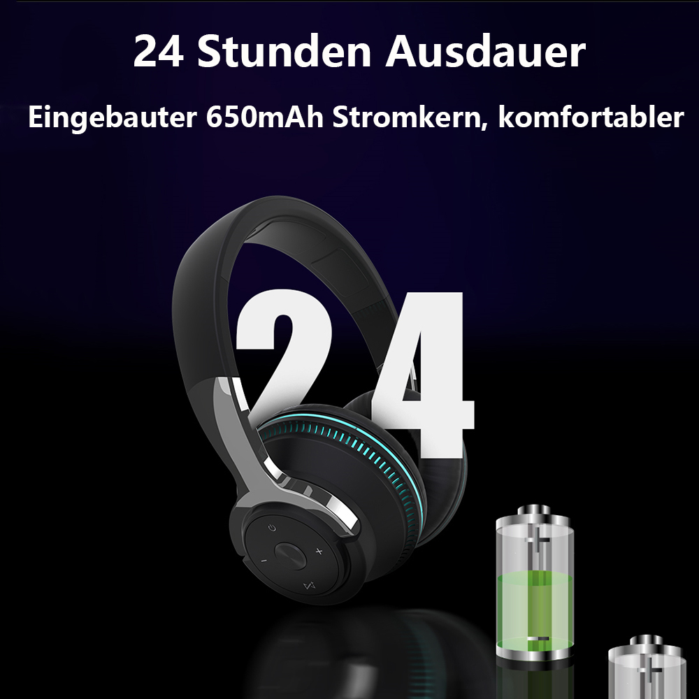 Schwarze Kopfhörer mit Text und zwei grünen Batterie-Icons, lange Akkulaufzeit.