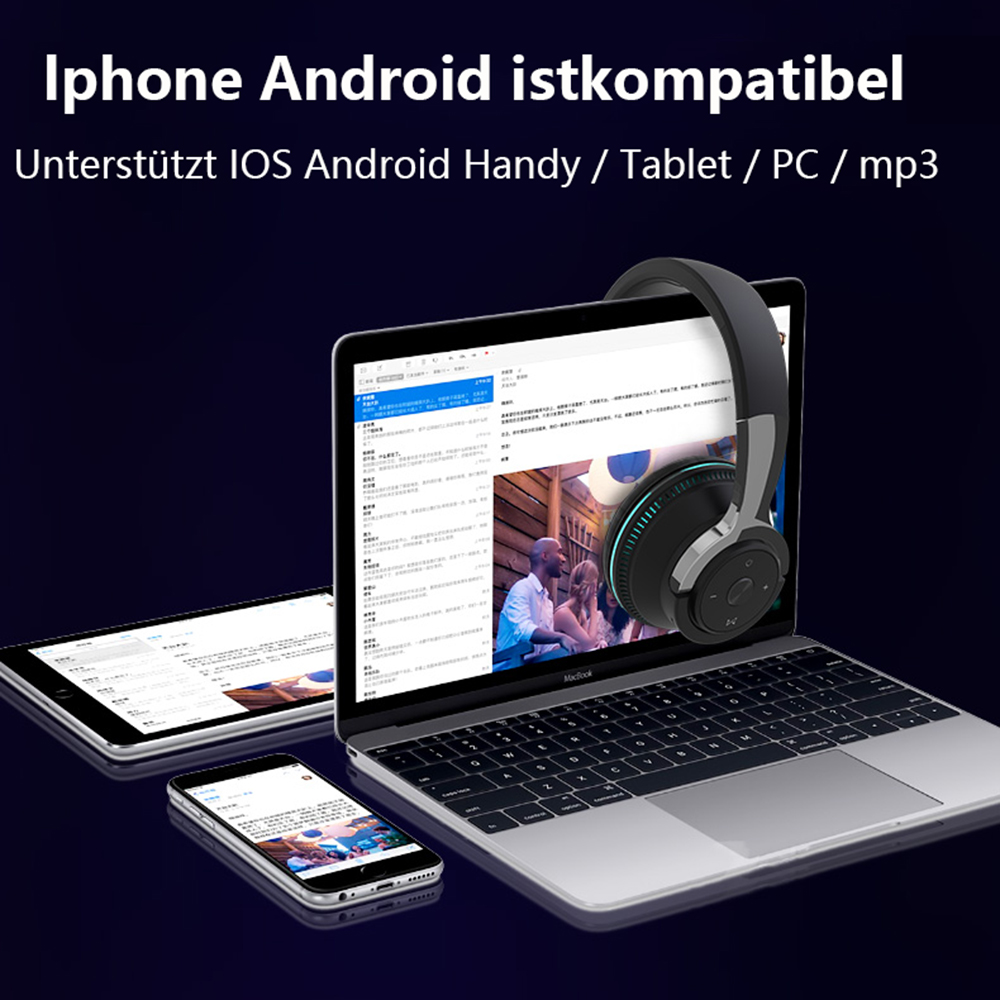 Ein Laptop, Telefon und Tablet liegen mit Kopfhörern auf einem Tisch. Text: iPhone Android istkompatibel.
