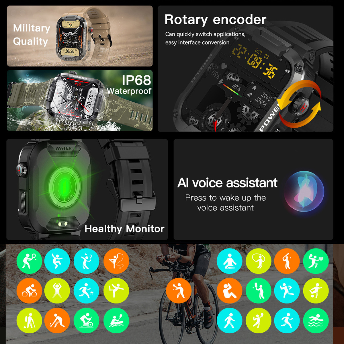 Smartwatch-Display mit Anzeige von Uhrzeit, Gesundheitsmonitor und verschiedenen Trainingsmodi.