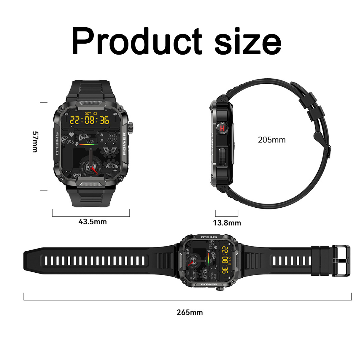 Schwarze Smartwatch mit Abmessungen. Rechteckiger Bildschirm und schwarzes Armband.