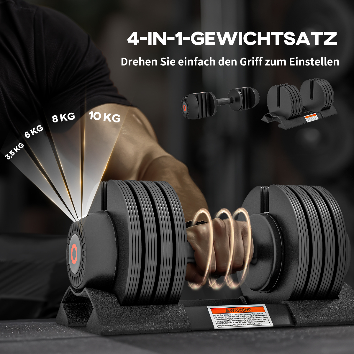 Verstellbare Hantel. Das Bild zeigt die Hantel und ihre Gewichtseinstellungen. Die Hand einer Person ist sichtbar.