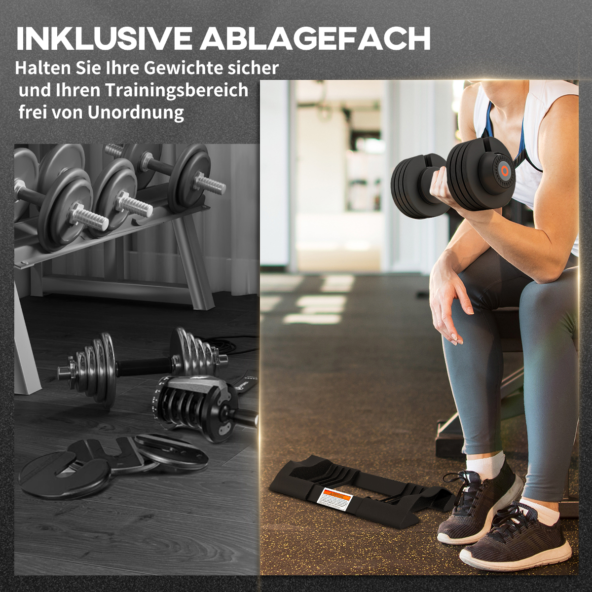 Person hebt Gewichte im Fitnessstudio, zeigt einen inklusiven Lagerbereich für Geräte und Gewichte.