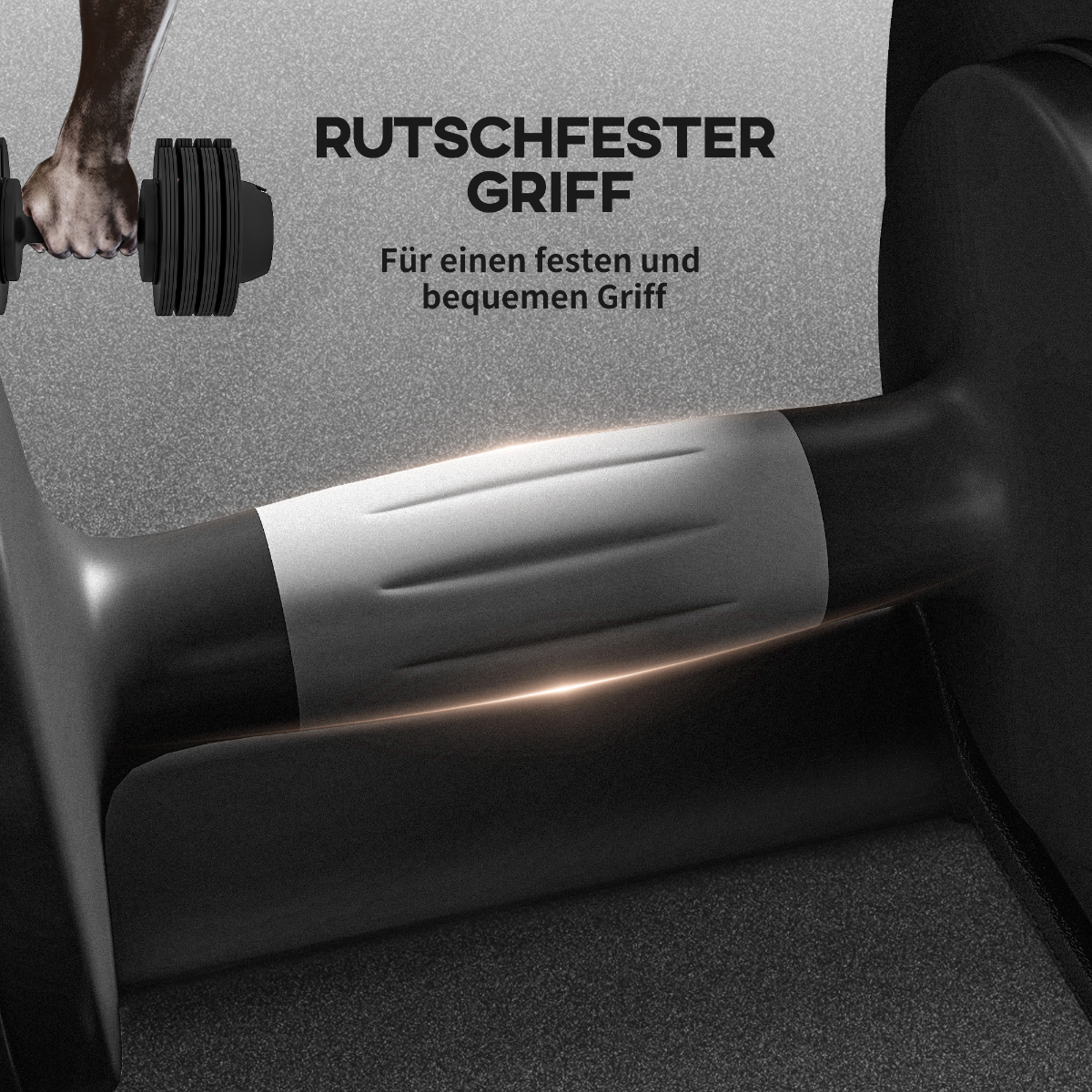 Nahaufnahme eines schwarzen Hantelgriffs mit weißem, strukturiertem Griffbereich.