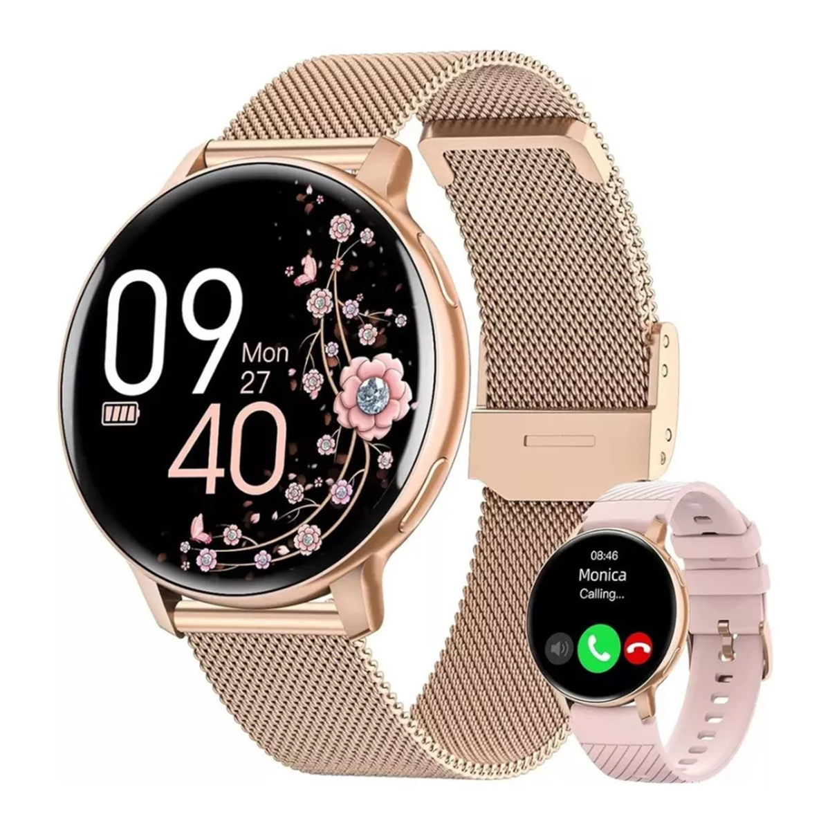 Roségold-Smartwatch mit floraler Anzeige, die die Uhrzeit anzeigt. Eine kleinere Uhr zeigt einen Anrufbildschirm.