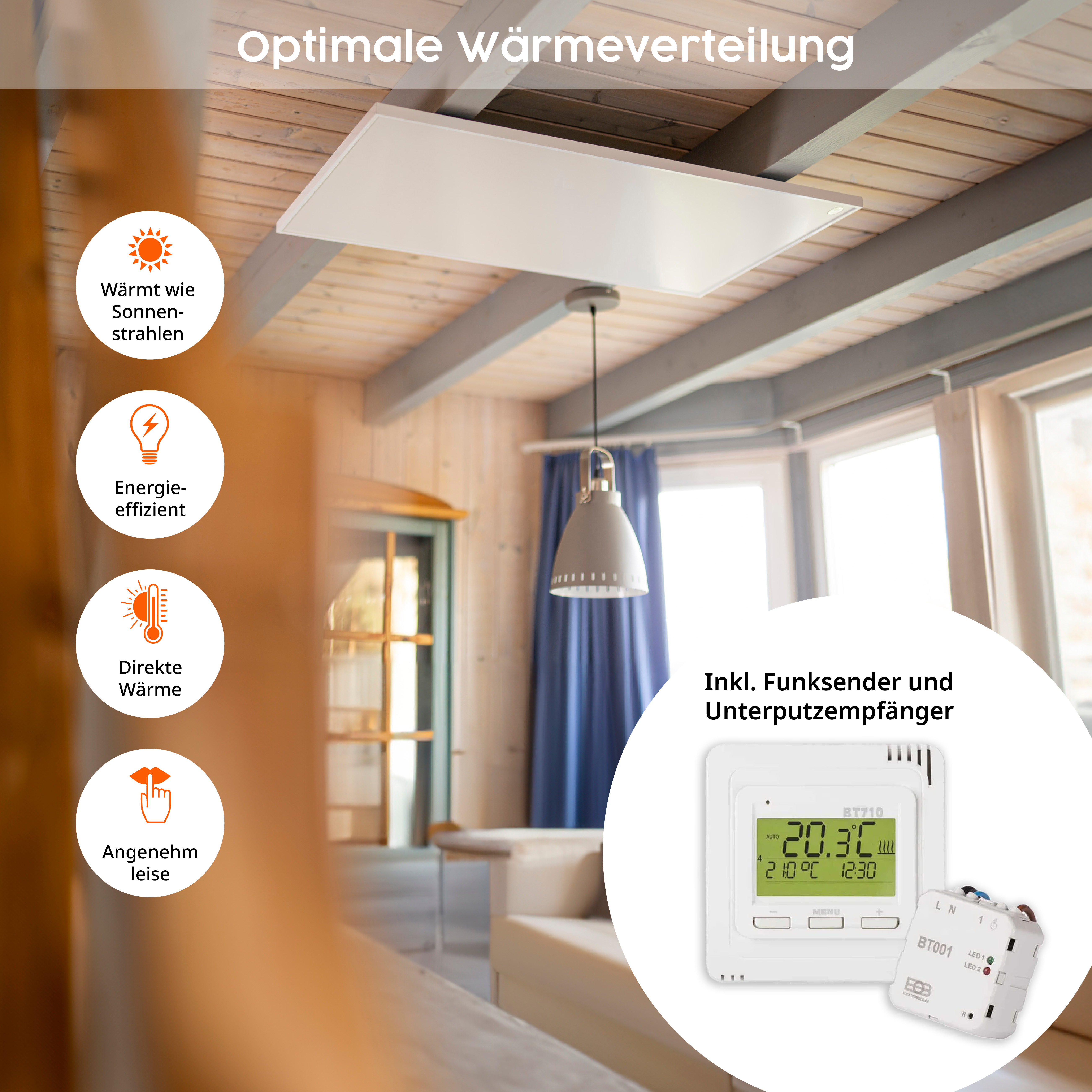 Ein Deckenheizpaneel mit Symbolen für Sonnenlicht, Energieeffizienz, direkte Wärme und leisen Betrieb.