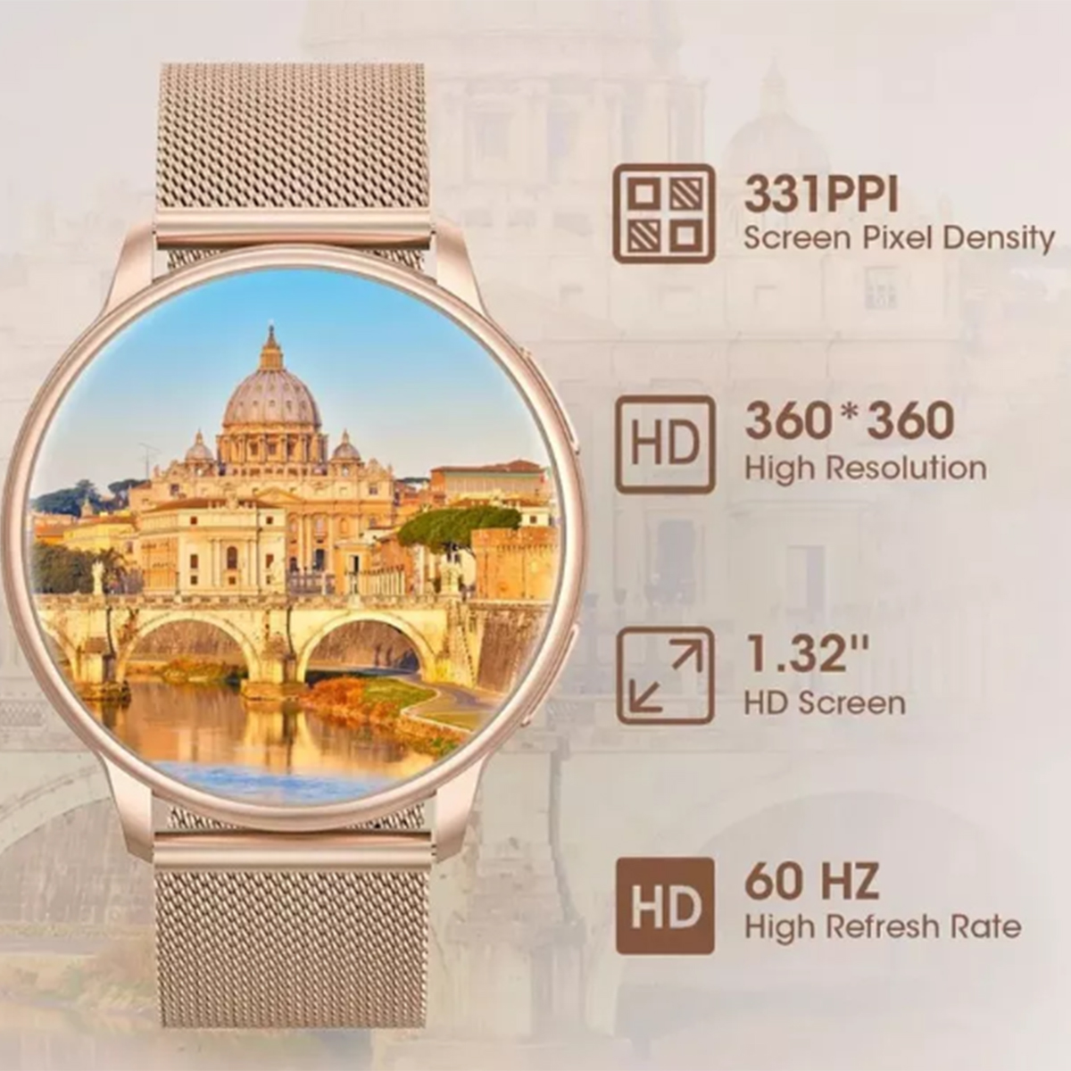 Eine goldfarbene Smartwatch mit einer Stadtansicht auf dem Display. Es gibt Symbole und Daten darum herum.