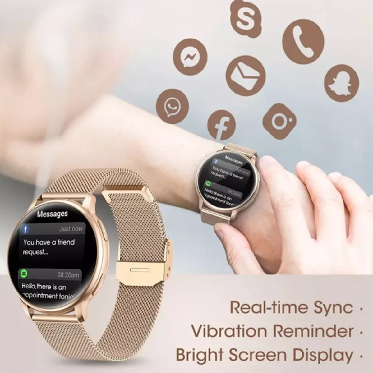 Goldene Smartwatch mit Nachrichten, mit Icons von Social-Media-Apps im Hintergrund.