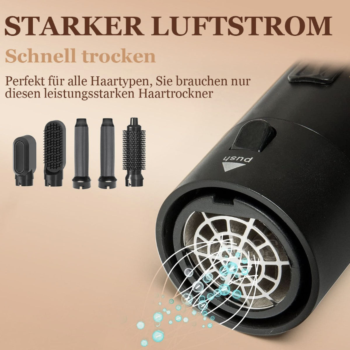 Schwarzer Haartrockner mit mehreren Aufsätzen, mit dem Text 'STARKE LUFSTROM' und 'Schnell trocknen'.