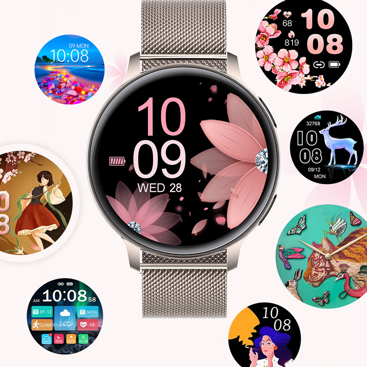 Smartwatch mit mehreren Zifferblättern. Roségoldene Uhr. Weißer Hintergrund.