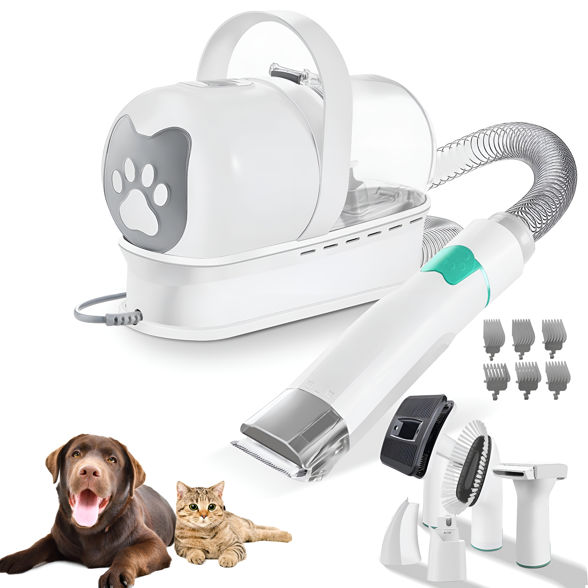Weißes Haustierpflege-Set mit Zubehör, einem braunen Hund und einer Katze.