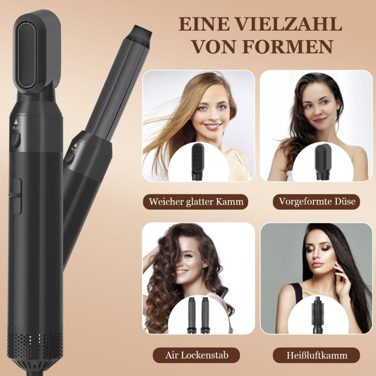 Ein schwarzes Haarstyling-Werkzeug mit mehreren Aufsätzen für verschiedene Frisuren. Bilder zeigen Ergebnisse.