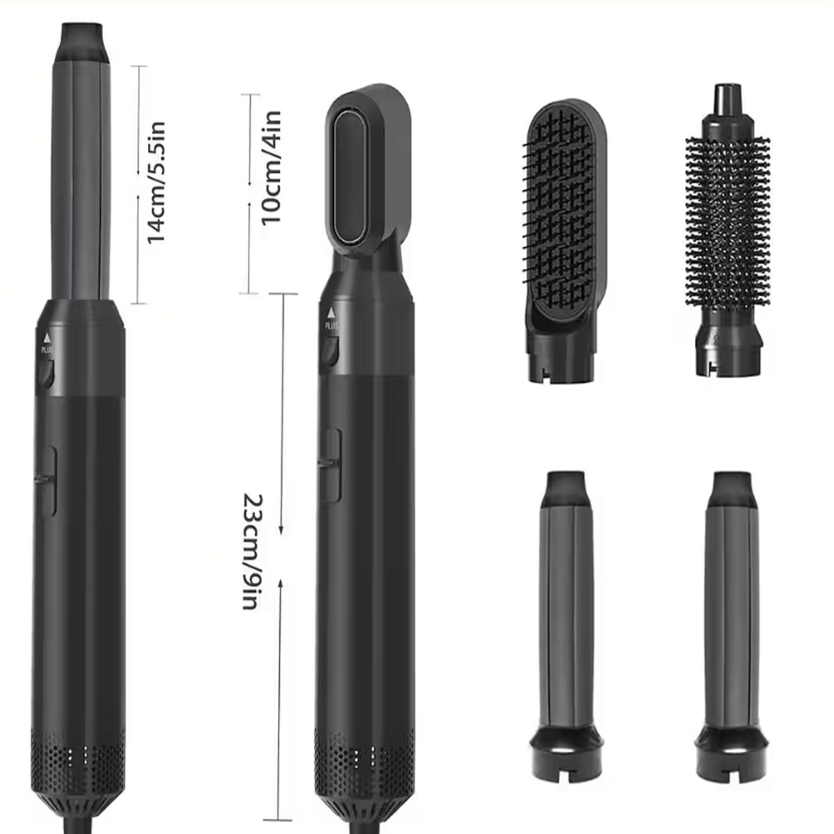 Haarstyling-Werkzeug mit mehreren Aufsätzen, das Abmessungen und ein Schwarz-Weiß-Schema zeigt.