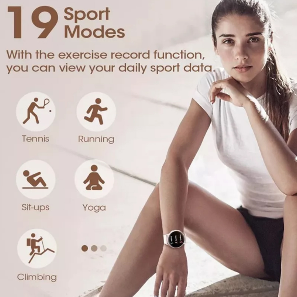 Frau mit Smartwatch, Sportmodus-Icons: Tennis, Laufen, Sit-ups, Yoga, Klettern.