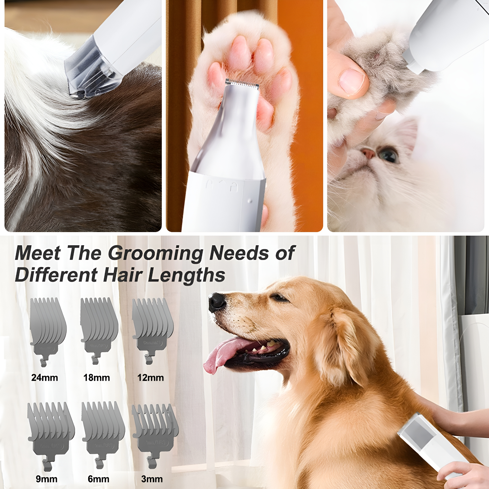 Collage, das die Tierpflege mit Schermaschinen und verschiedenen Kammaufsätzen neben einem Golden Retriever zeigt.