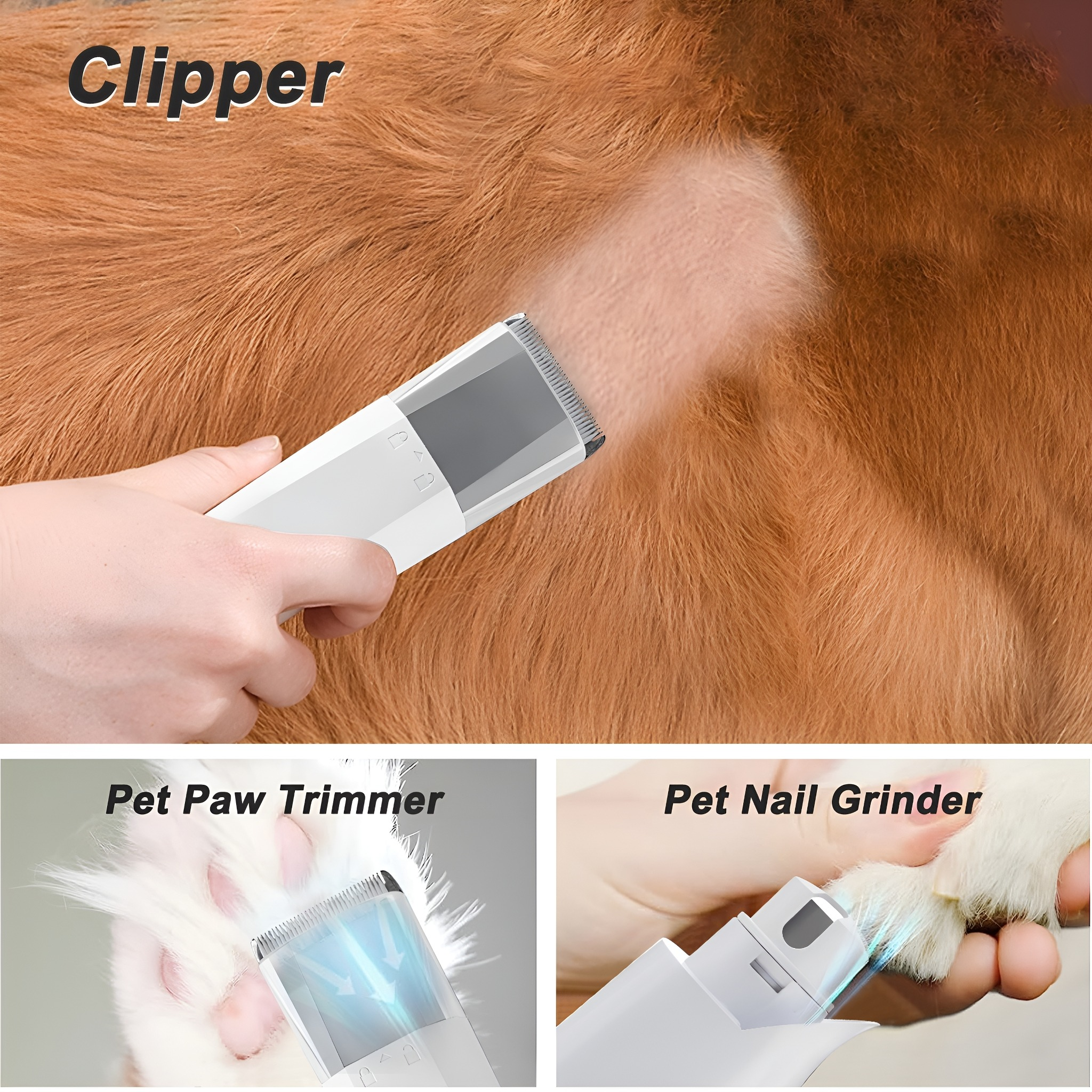 Ein Hund wird mit einem Clipper gepflegt und eine Pfote wird mit einem Trimmer getrimmt. Außerdem wird ein Nagel-Grinder verwendet.